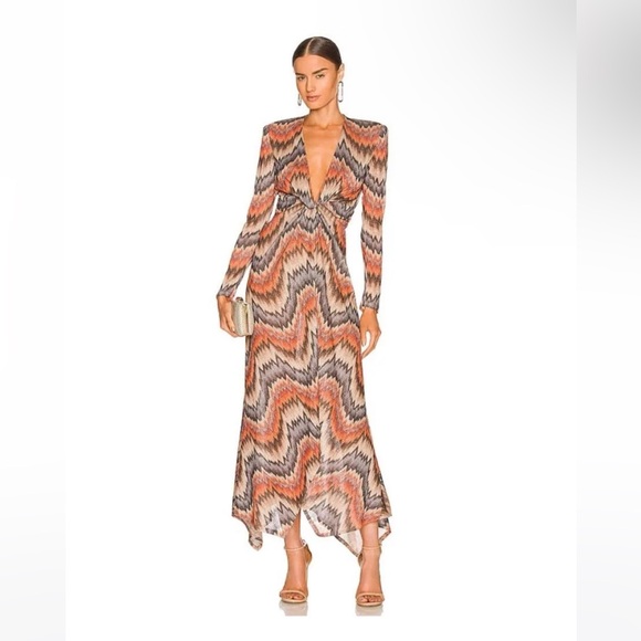 RONNY KOBO Stormy Knit Maxi Dress Orange & Brown Metallic Deep V Sexy Size XS